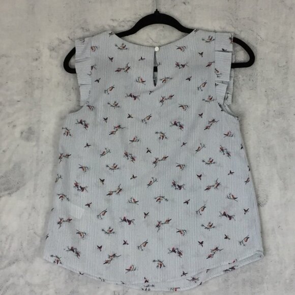 Monteau Los Angeles Top Sz Small Bird Pattern Pleated Cap Sleeve Keyhole Back - Picture 3 of 10